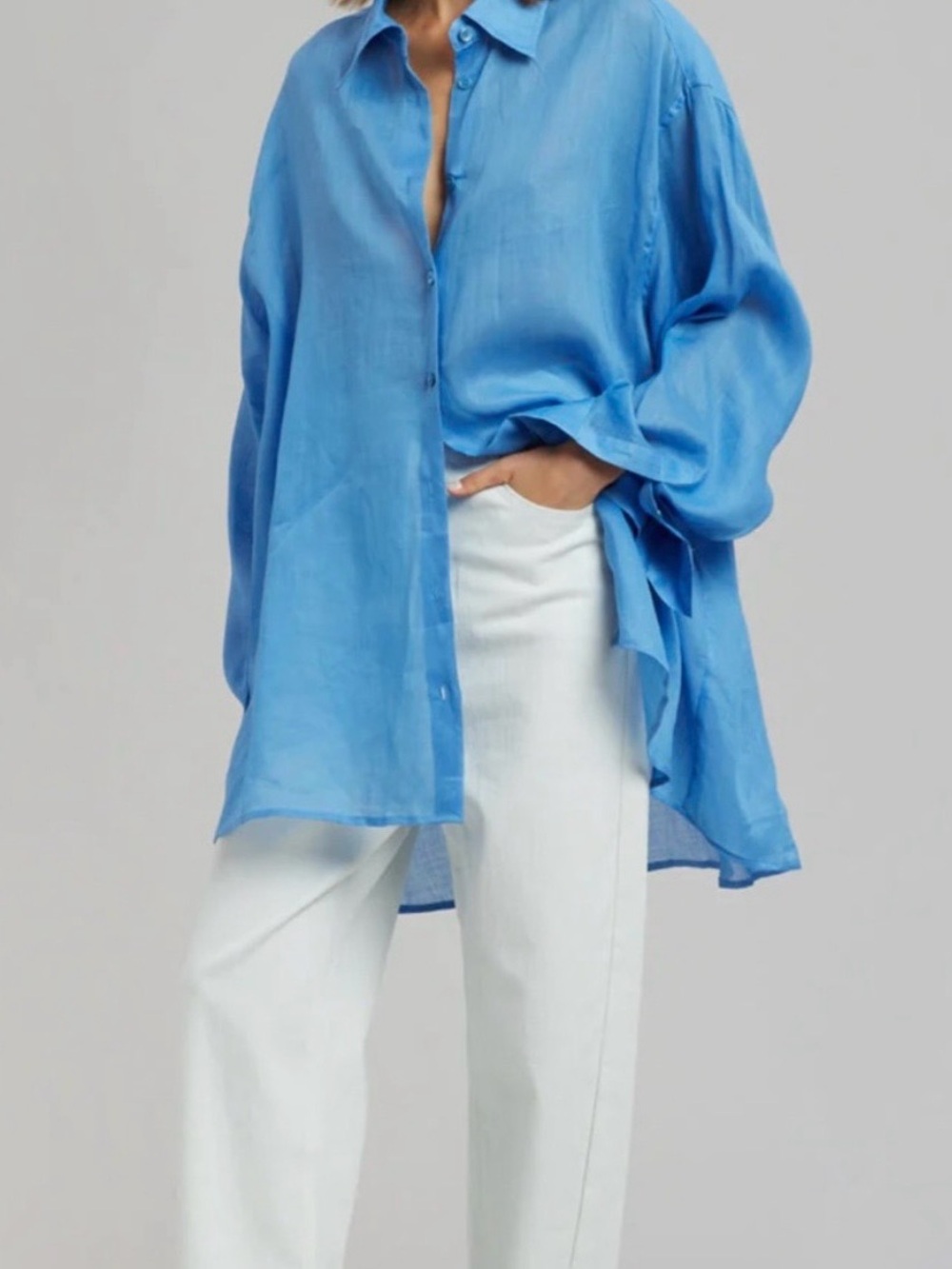 The Frankie Shop Blue Marine Linen Button Down Shirt - Picture 2 of 7